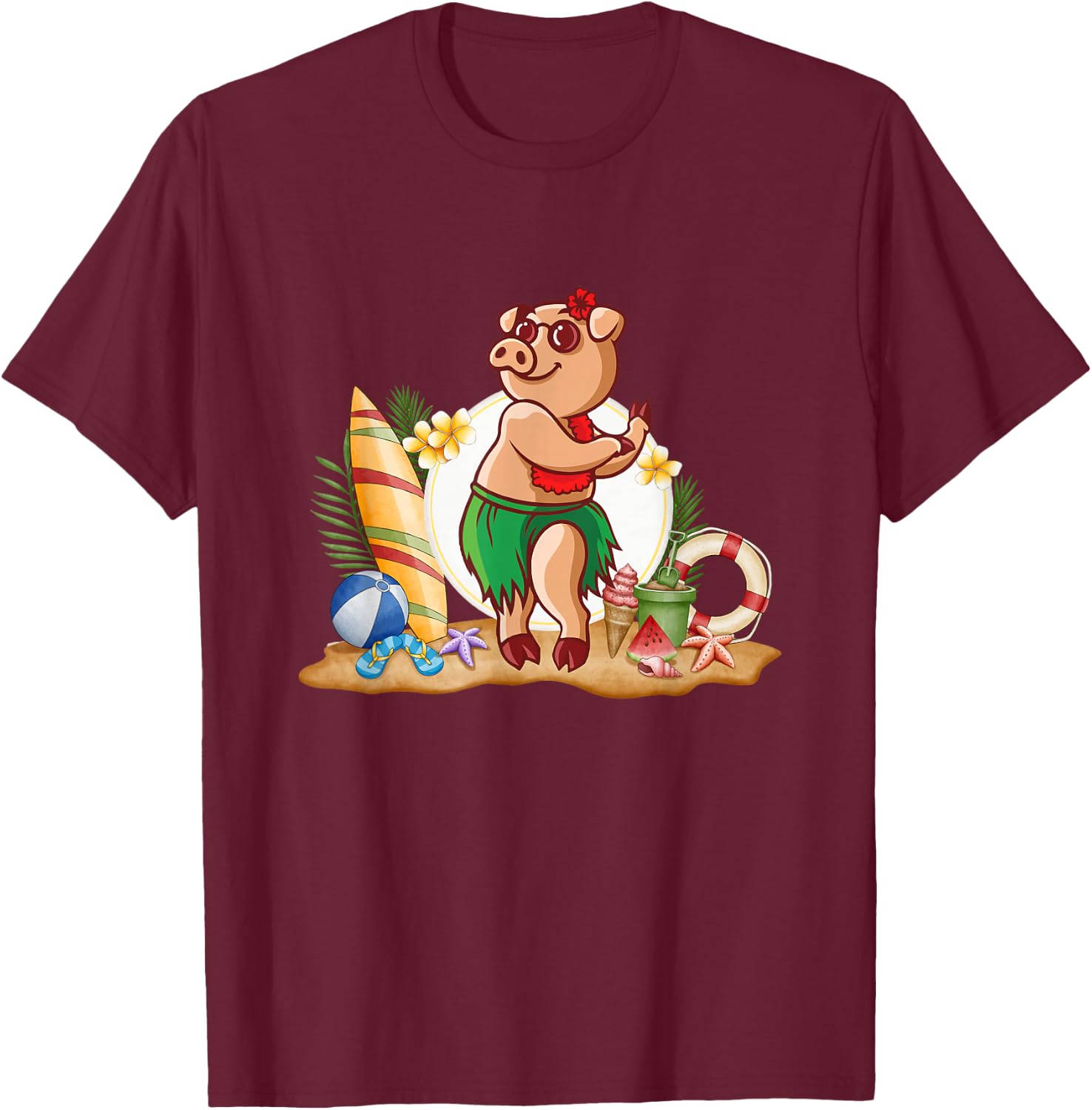 Hawaiian Luau Pig Drinking Coconut Summer Vacation T-Shirt - T-Shirt | Maroon