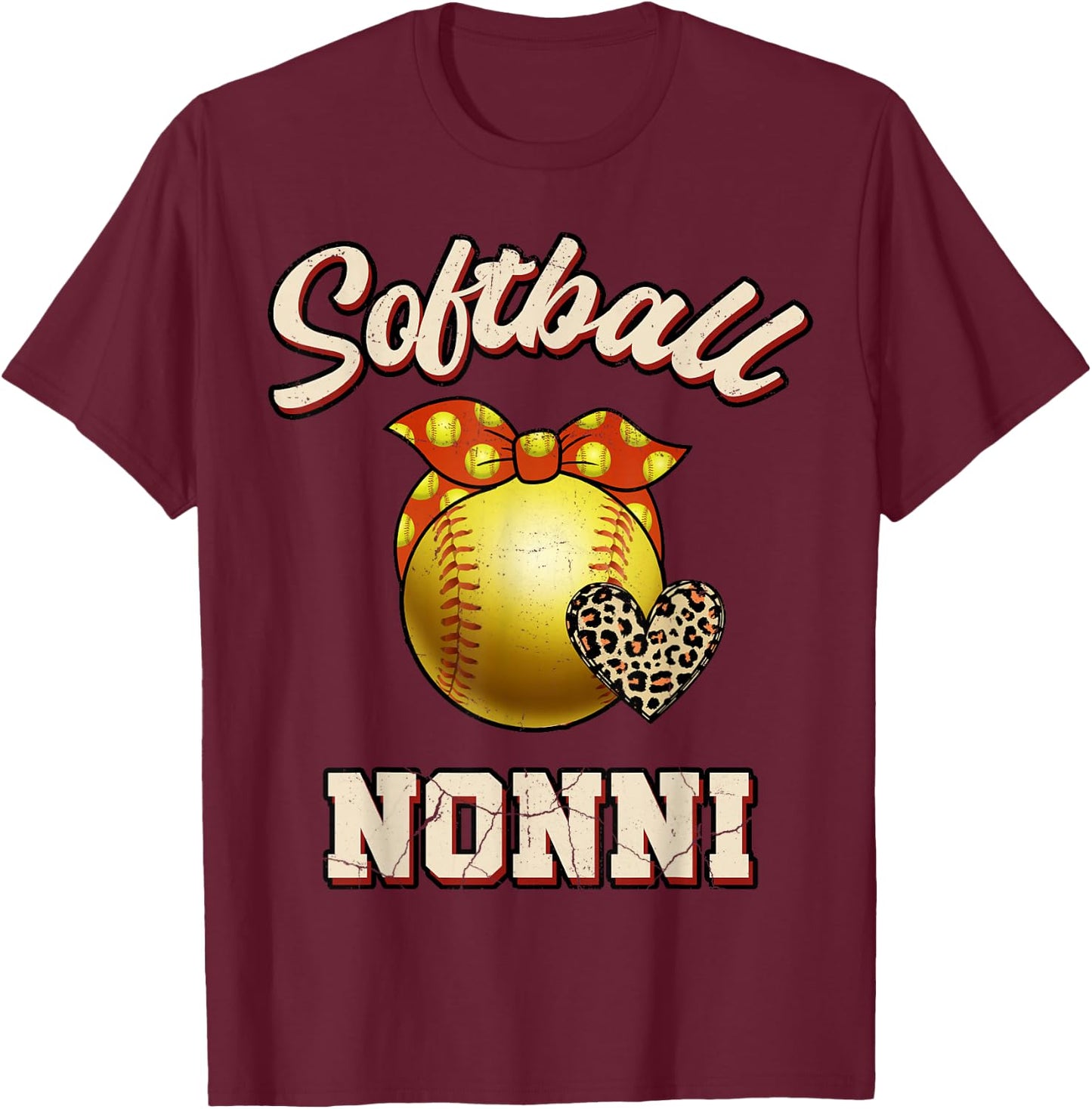 Softball Nonni Leopard Heart Fans Mother's Day Gift T-Shirt - T-Shirt | Maroon