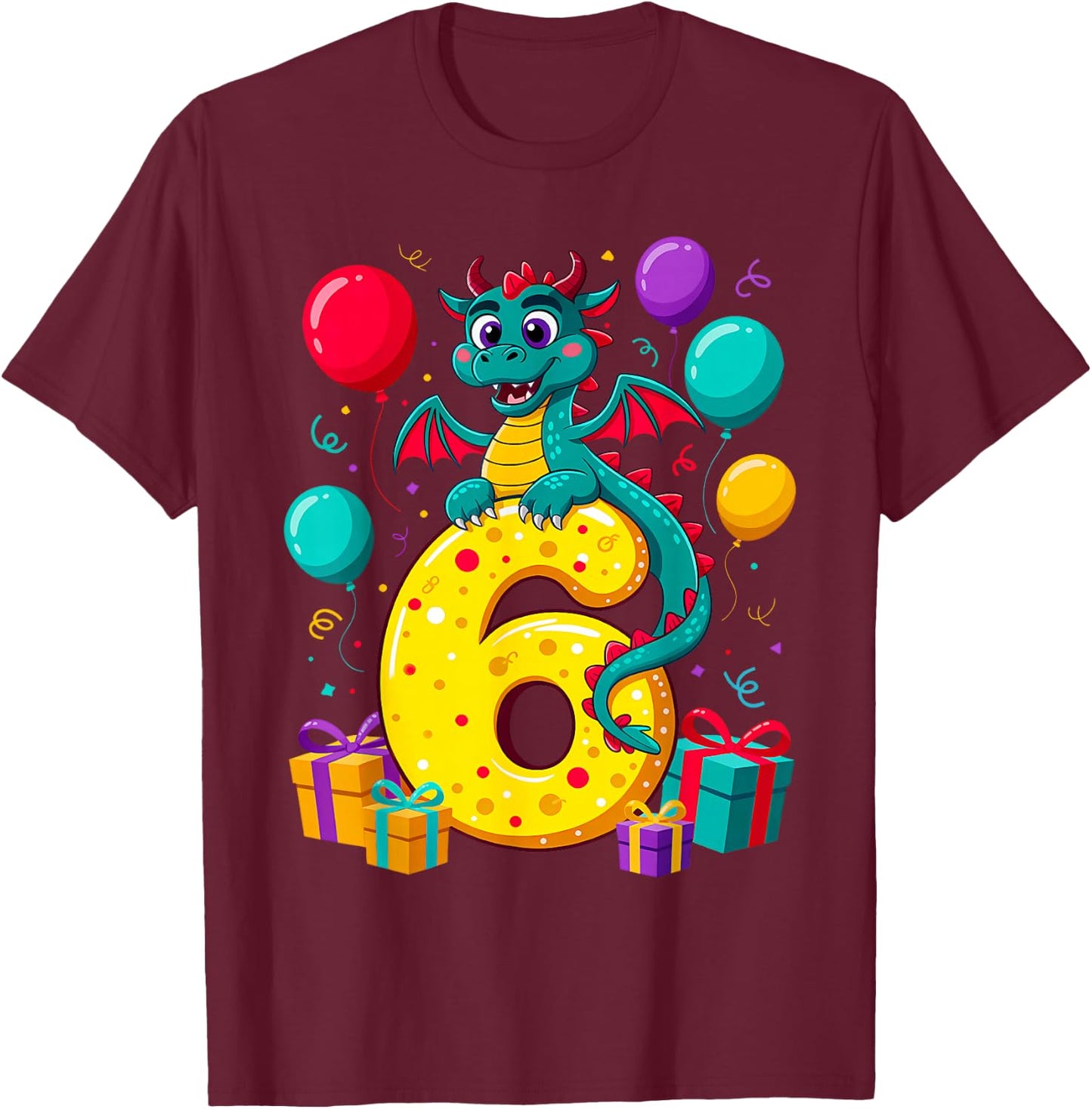 Dragon 6th Birthday Boy Girl 6 Years Old Sixth Six Dragon T-Shirt - T-Shirt | Maroon