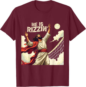 He Is Rizzin Jesus Meme Quote Shirt Funny Volleyball Lover T-Shirt - T-Shirt | Maroon