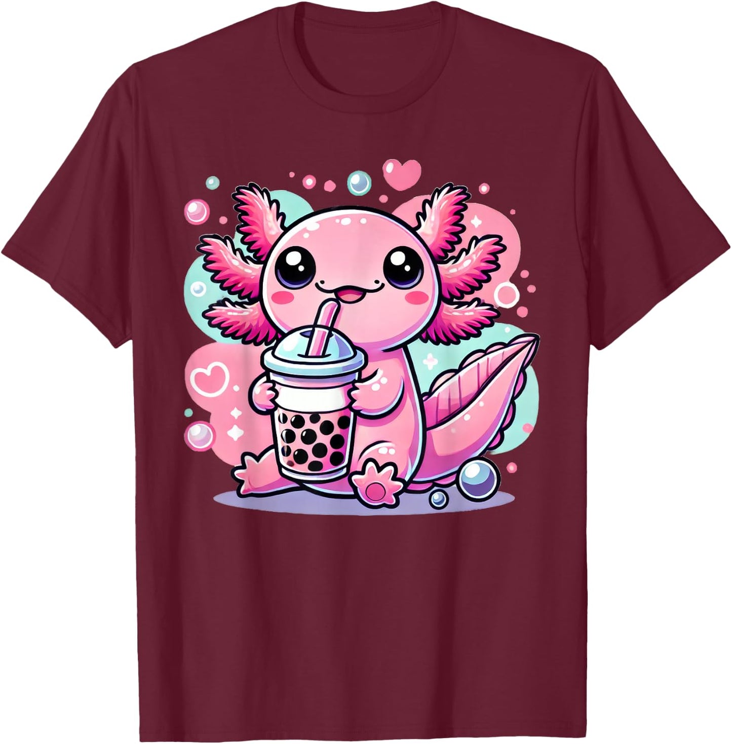 Kawaii Axolotl Bubble Boba Tea T-Shirt - T-Shirt | Maroon