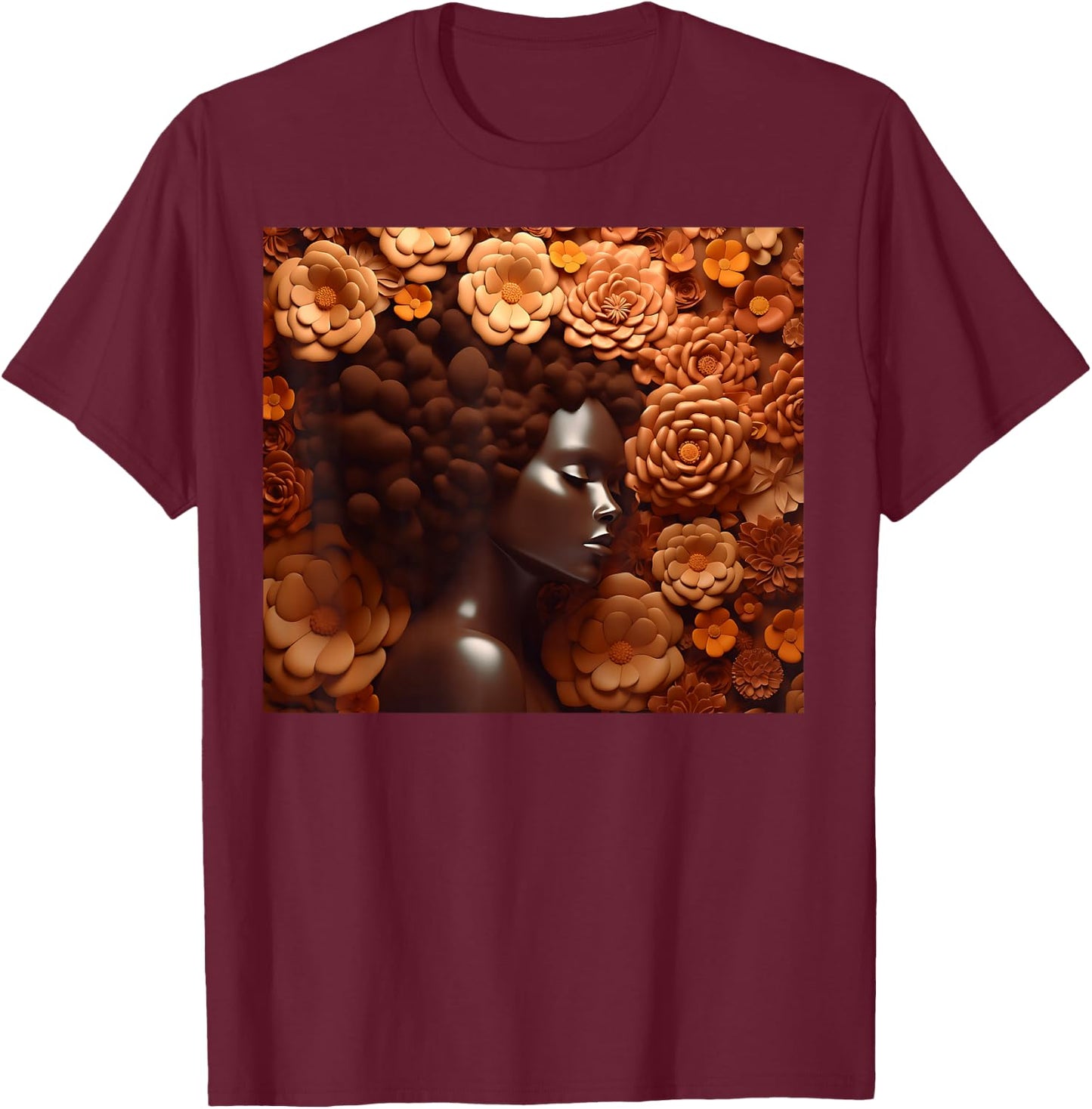Afro Woman Floral Black Queen Puff Art Melanin Magic Orange T-Shirt - T-Shirt | Maroon