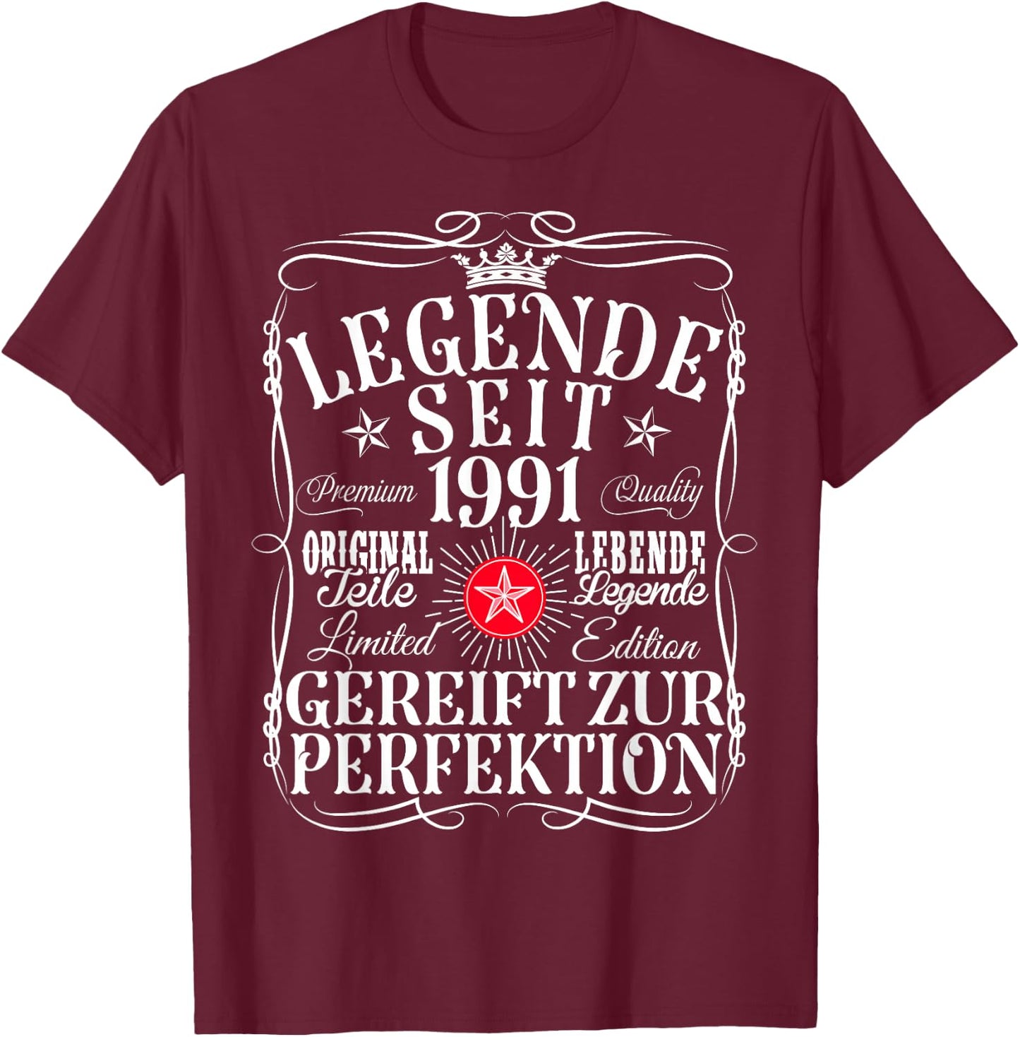 34th Birthday Man Woman 34 Years 1991 Decorative Funny Gift , black, S T-Shirt - T-Shirt | Maroon