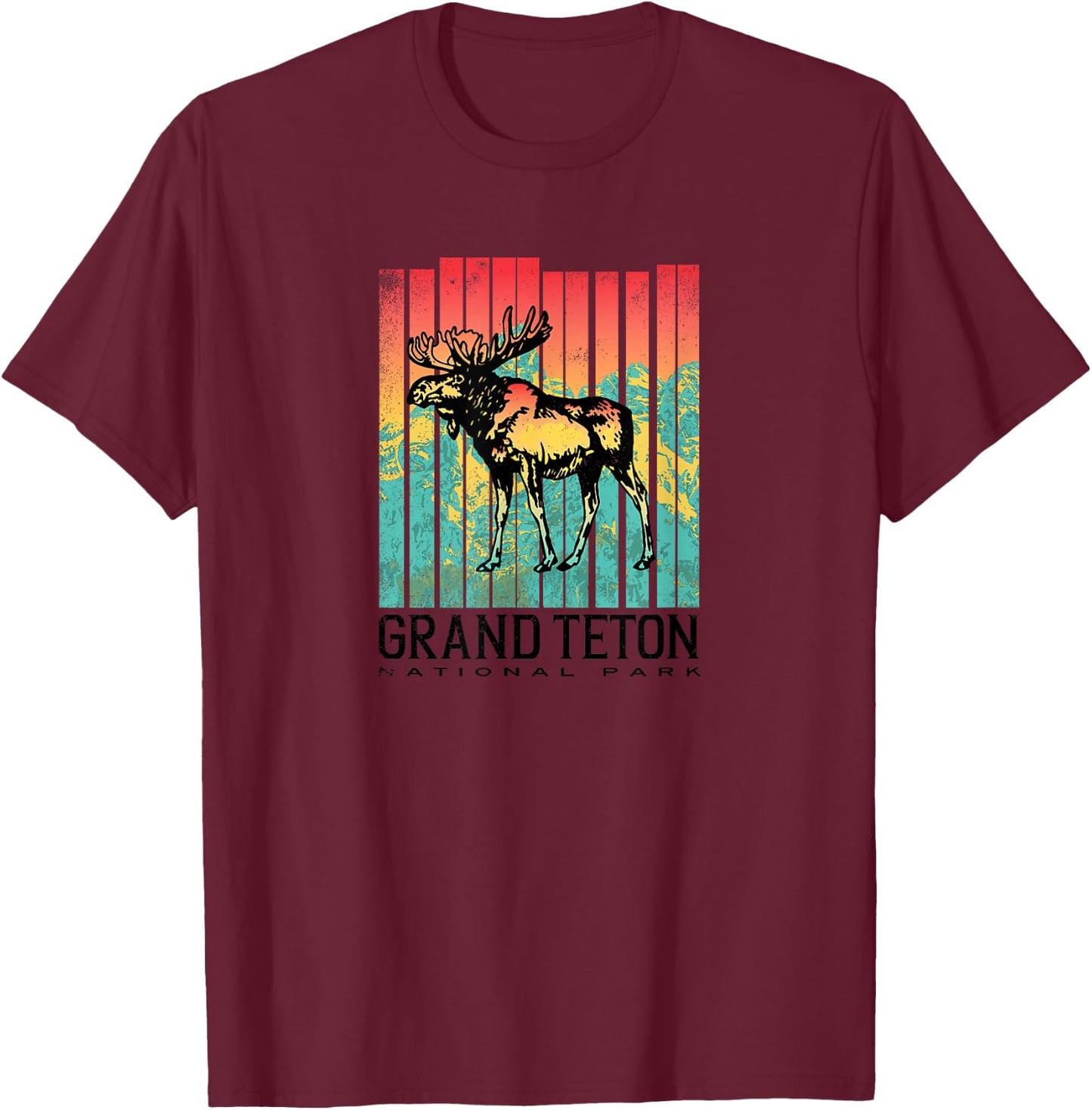 Grand Teton National Park Retro Colorful Moose T-Shirt - T-Shirt | Maroon