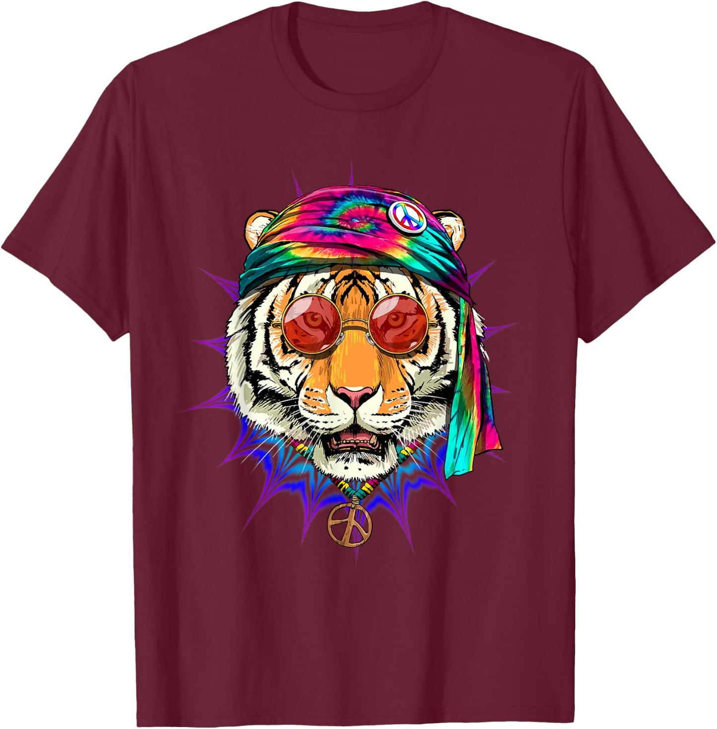 Tie Dye Hippie Tiger Hippiness Peace Love Tiger T-Shirt - T-Shirt | Maroon