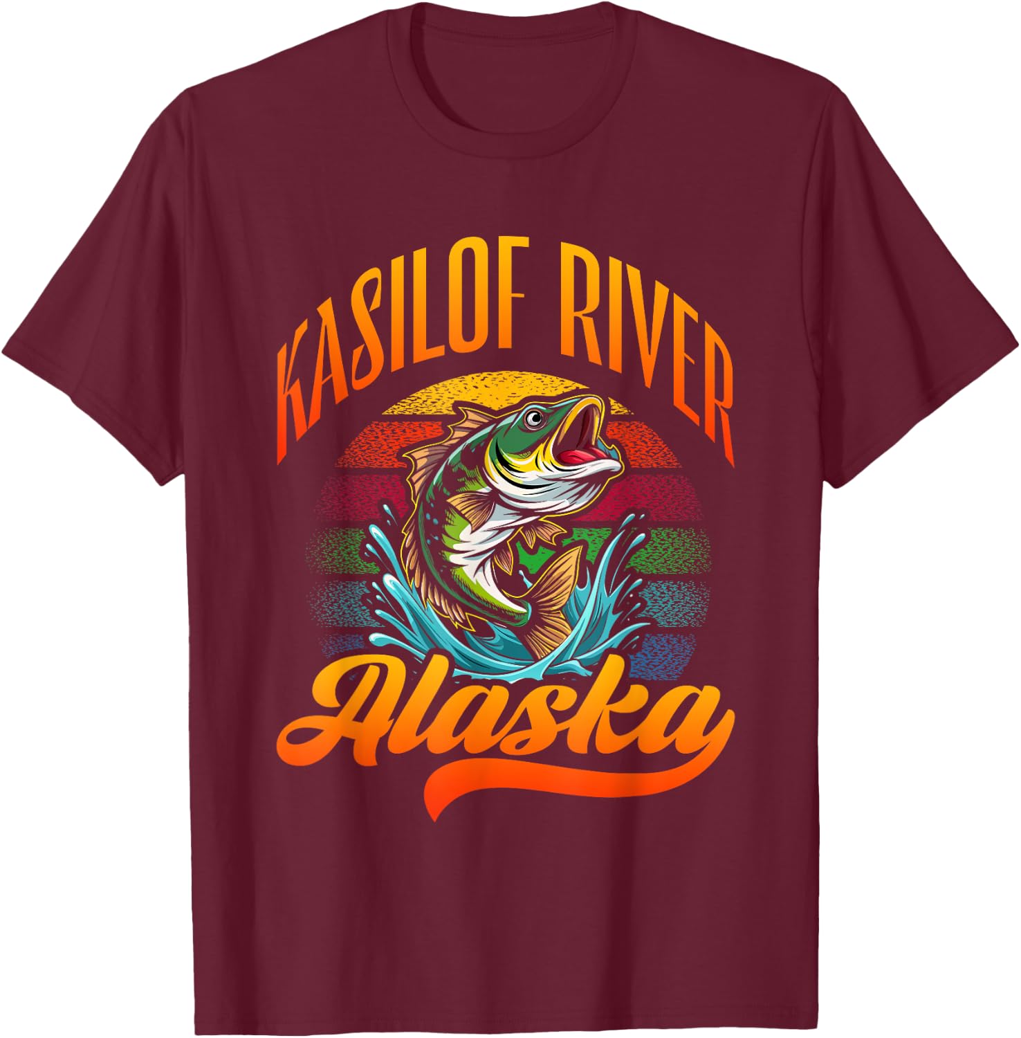 KASILOF RIVER, ALASKA, a Fishing Retro Sunset Design T-Shirt - T-Shirt | Maroon