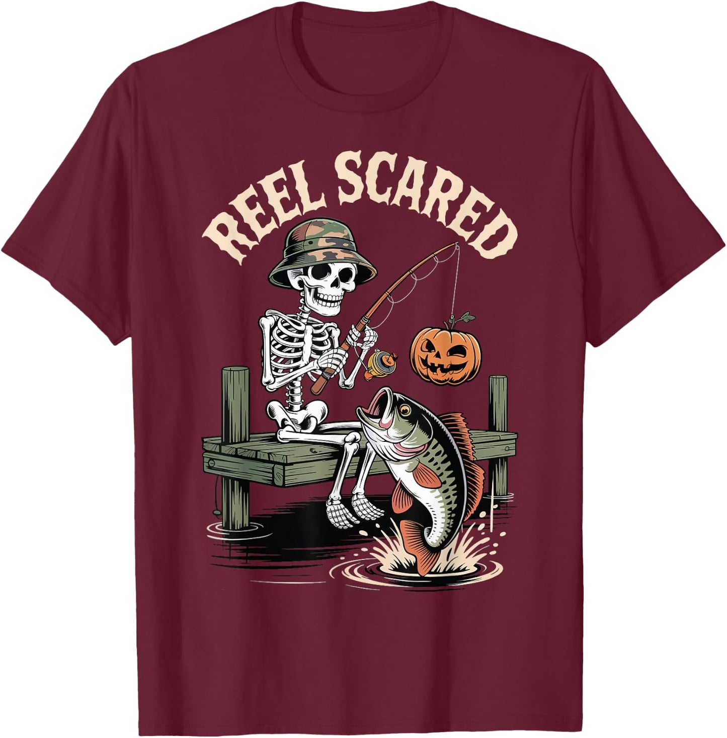 Reel Scared Funny Fishing Halloween T-Shirt - T-Shirt | Maroon