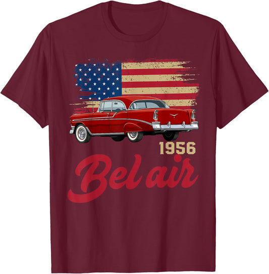 1956 56 Bel air American Flag 90s Silhouette Old Classic T-Shirt - T-Shirt | Maroon