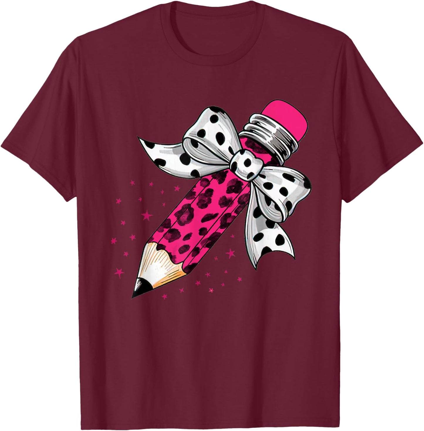 Back To School, Coquette Dalmatian Dots Print Bow Pencil T-Shirt - T-Shirt | Maroon