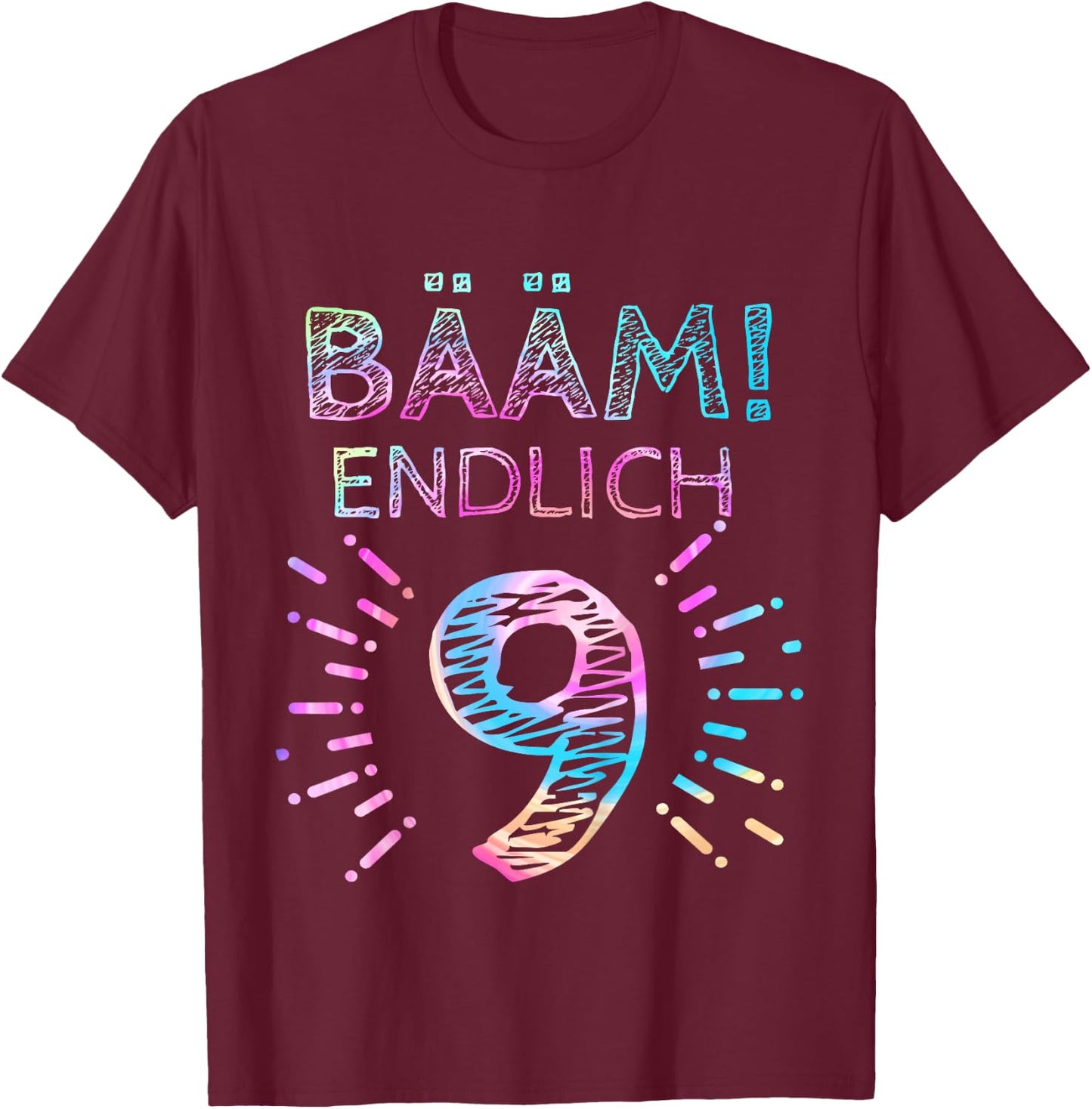 Girls' with German Text "Kinder Bääm! Endlich 9 Jahre 9th Birthday" [German Language], black T-Shirt - T-Shirt | Maroon