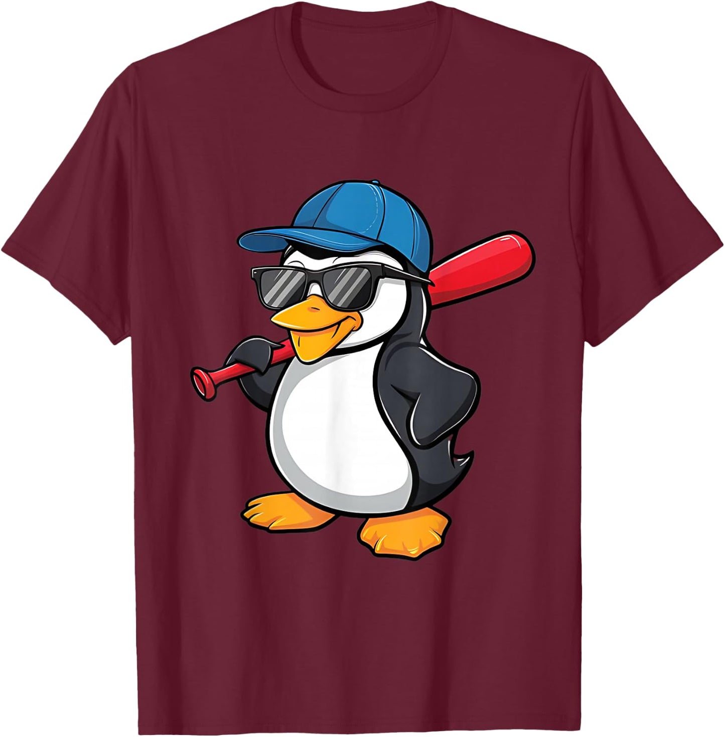 Penguin Baseball Panda Playing Baseball Penguin T-Shirt - T-Shirt | Maroon