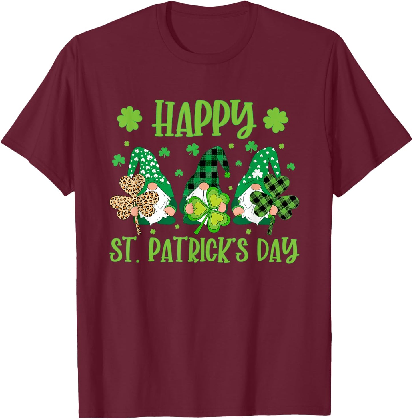 Gnomes Holding Shamrock Green Plaid Leopard St Patrick's Day T-Shirt - T-Shirt | Maroon