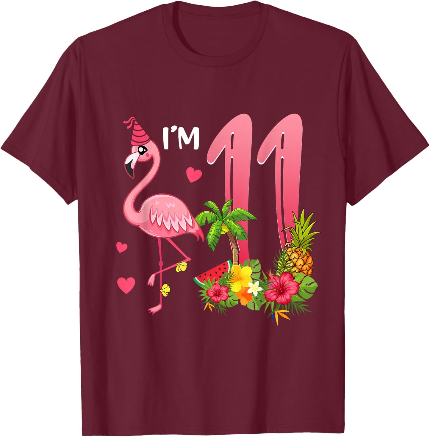 I'm 11 Year Old Flamingo Tropical Theme 11th Birthday Girl T-Shirt - T-Shirt | Maroon