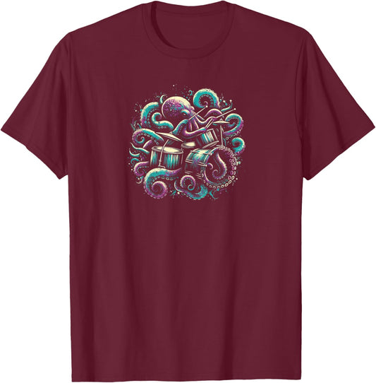 Octopus Rhythms Aquatic Drummer , Small, Black T-Shirt - T-Shirt | Maroon