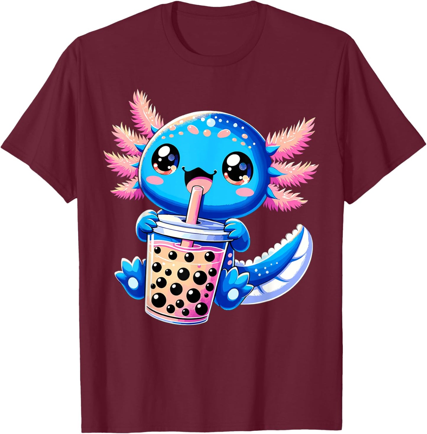Axolotl Bubble Boba Tea Anime Cute Kawaii Blue Axolotl T-Shirt - T-Shirt | Maroon