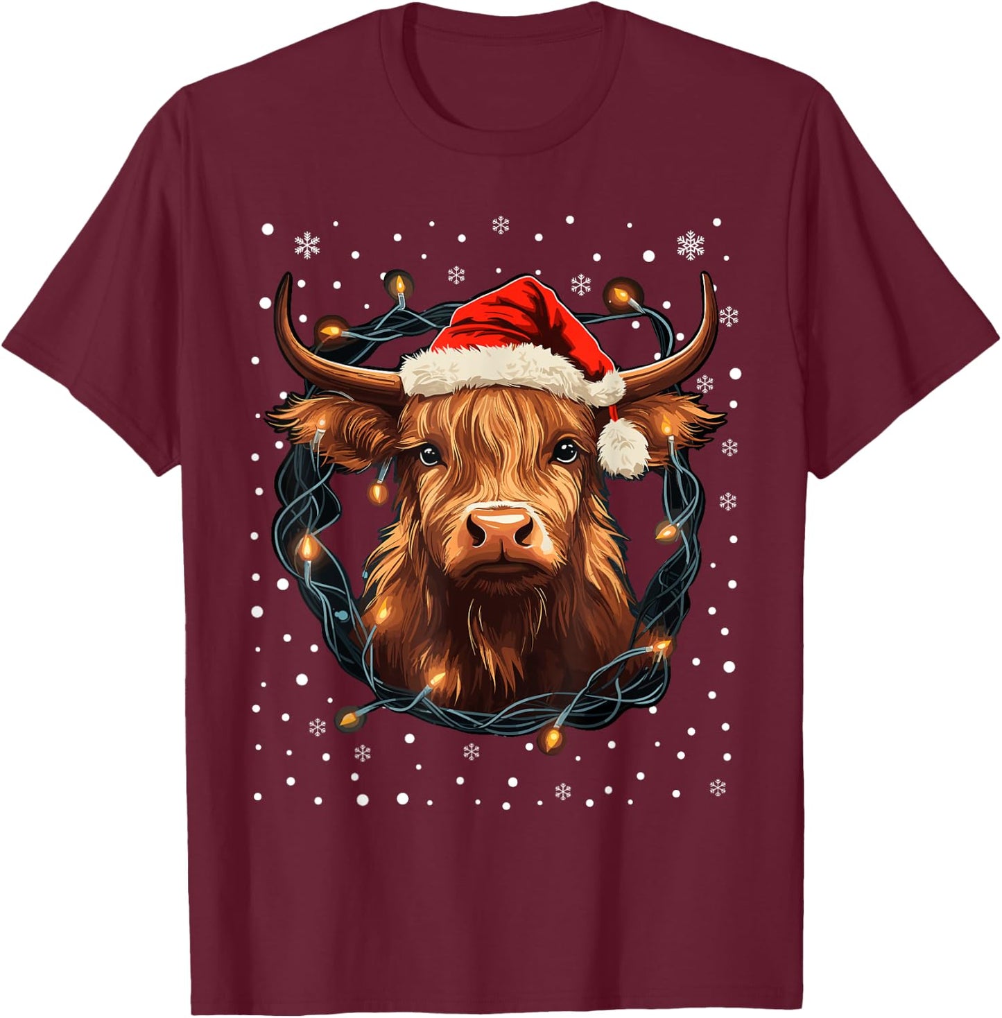 Cute Highland Cow Christmas Lights Santa Hat Xmas Pajama T-Shirt - T-Shirt | Maroon