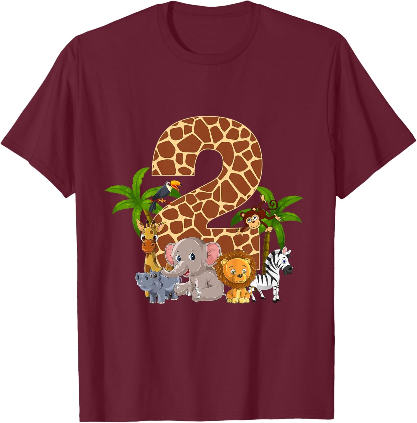 Kids 2 Year Old Zoo Birthday Safari Jungle Animal 2nd B-day T-Shirt - T-Shirt | Maroon