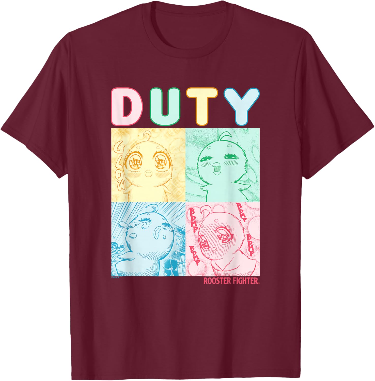 Rooster Fighter Duty Piyoko Colorful Panels Manga Poster T-Shirt - T-Shirt | Maroon