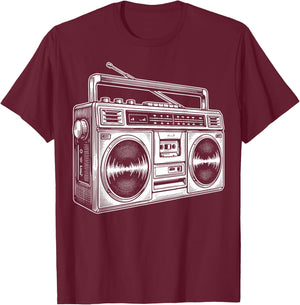 Boombox Line Art R&B Hip Hop Music T-Shirt - T-Shirt | Maroon