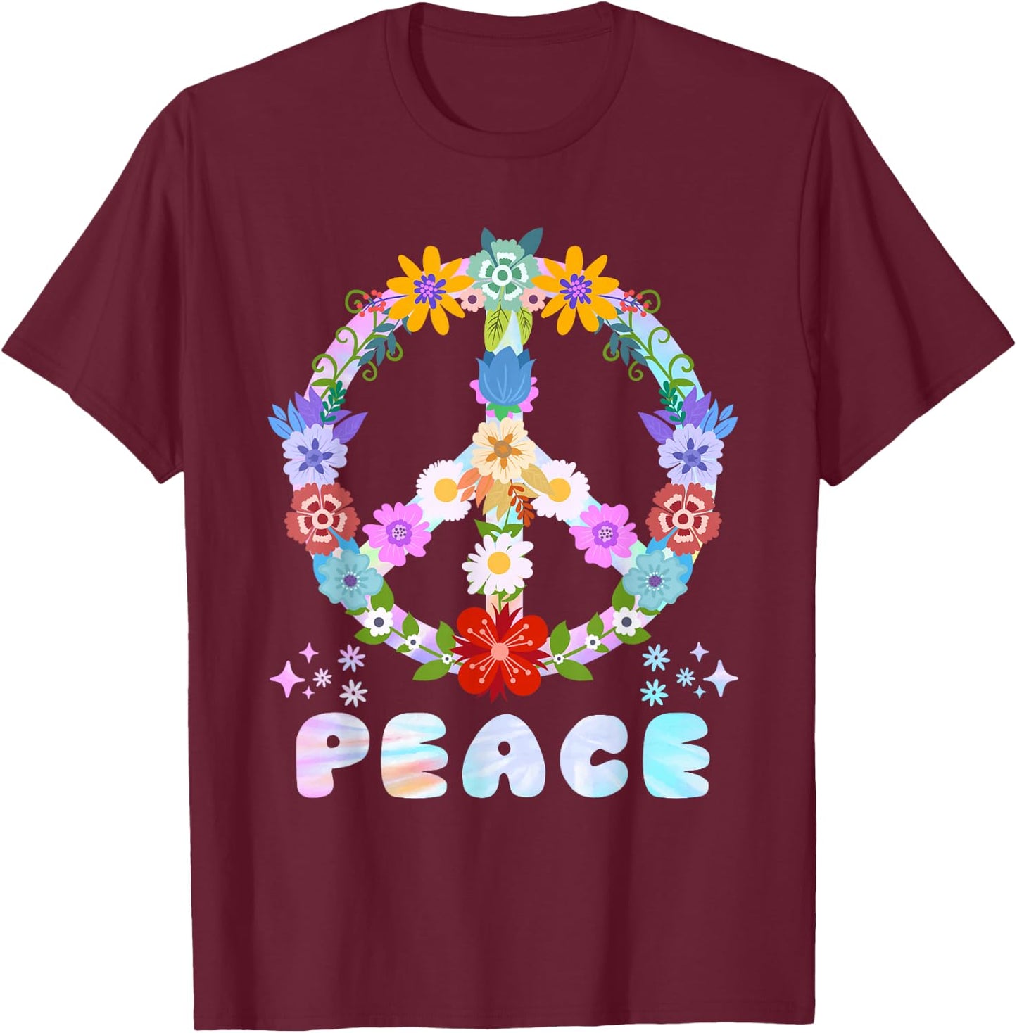 Peace Sign Flowers 60s and 70s Peace Flower Power , black T-Shirt - T-Shirt | Maroon