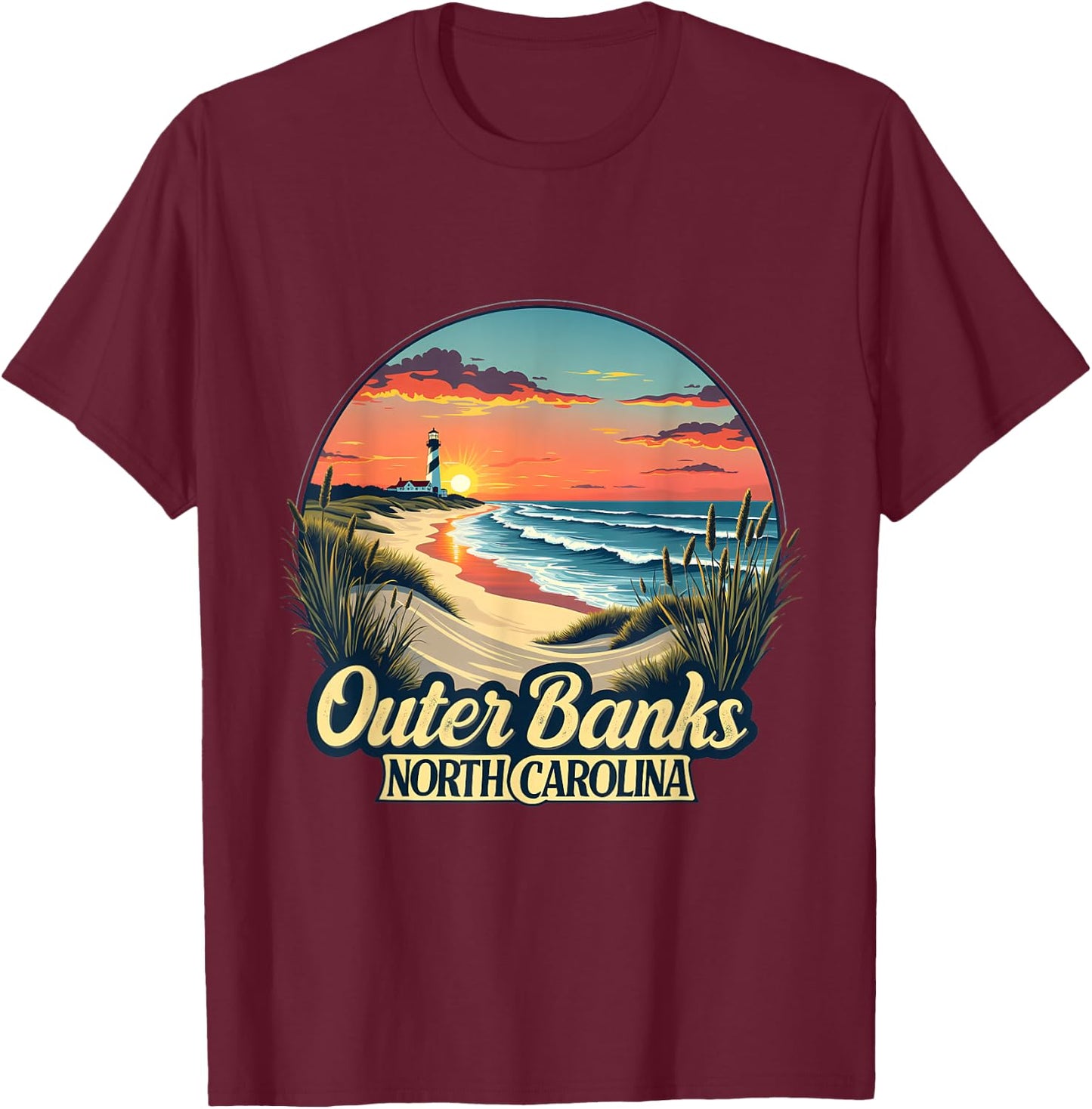 Outer Banks North Carolina Coastal Sunset Beach Lighthouse T-Shirt - T-Shirt | Maroon