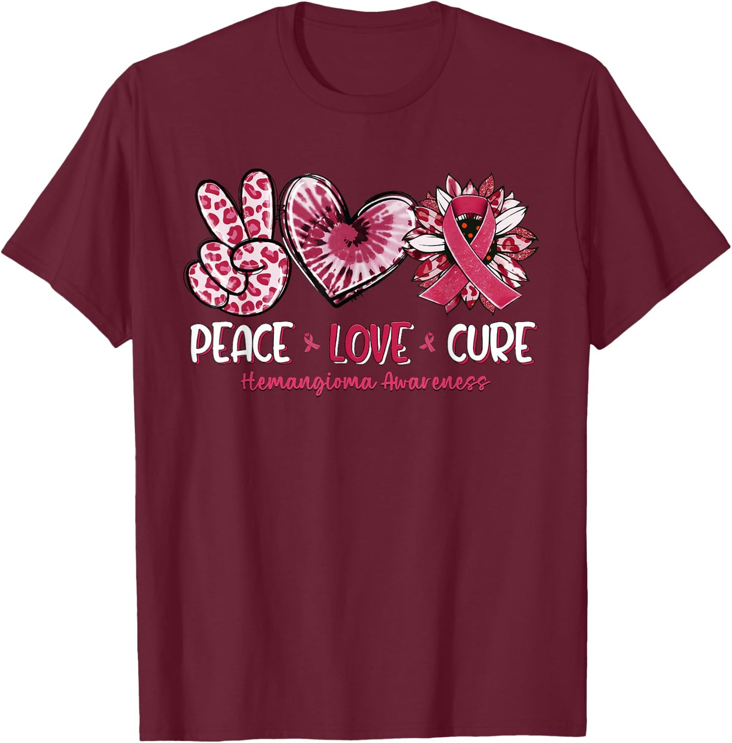 Peace Love Cure Sunflower Hemangioma Awareness T-Shirt - T-Shirt | Maroon