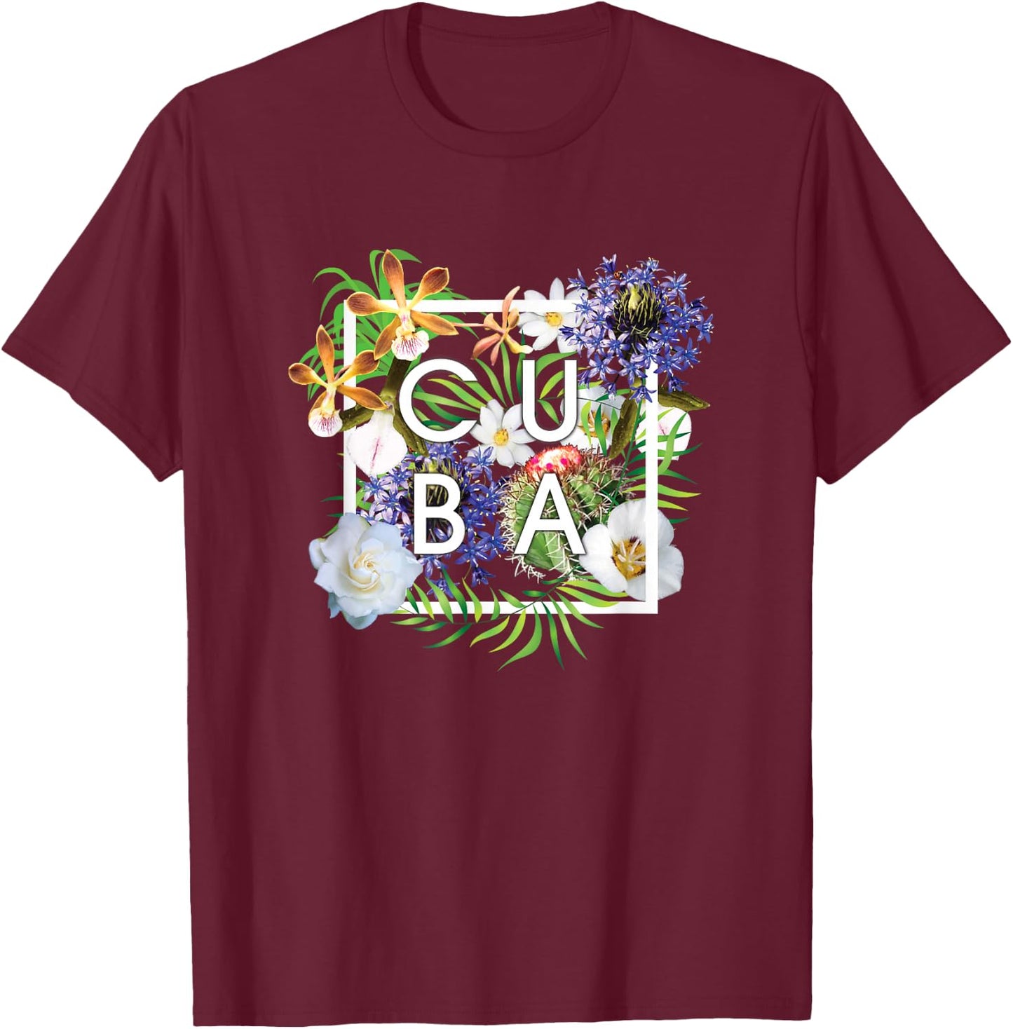 Flowers of Cuba Word Art - Cuban Pride T-Shirt - T-Shirt | Maroon