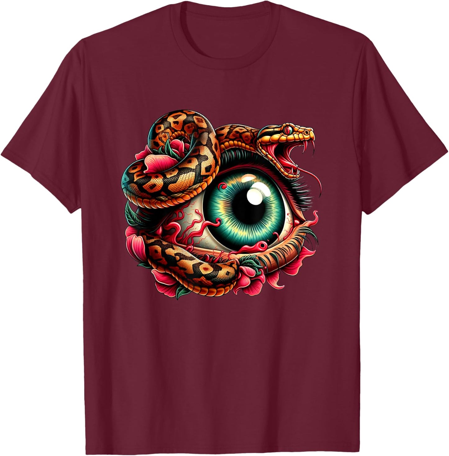 Angry Striking Snake Eye Eyeball Creepy Snake Lovers Design T-Shirt - T-Shirt | Maroon