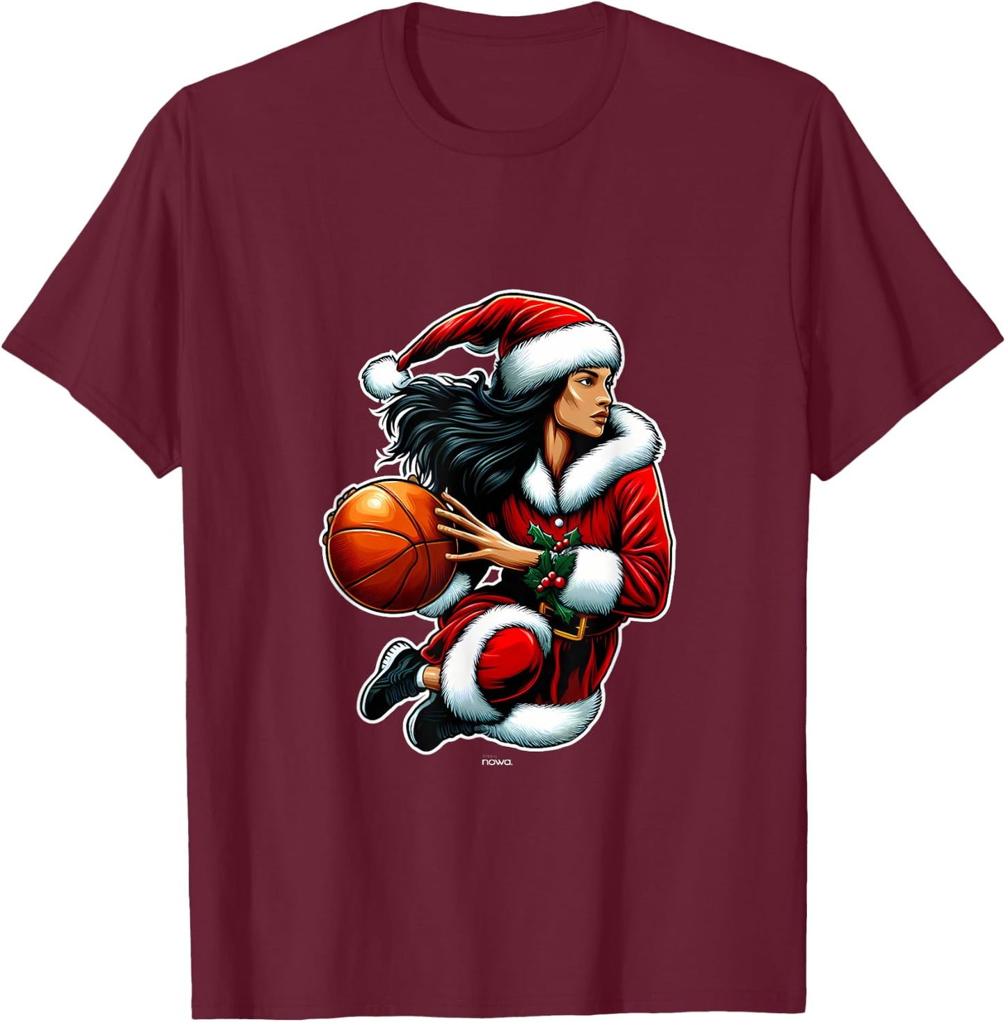 Pretty Miss Santa Claus Playing Basketball Christmas T-Shirt - T-Shirt | Maroon