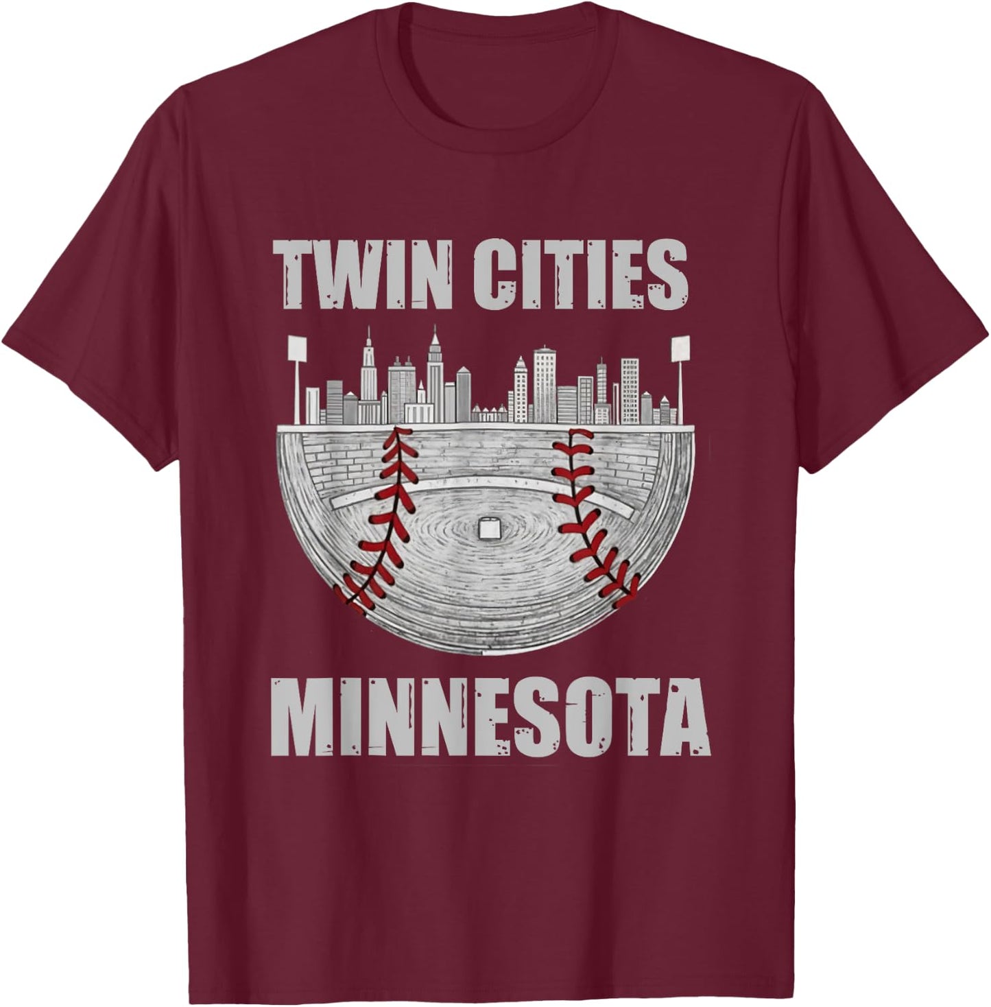 Cool Twin Cities Minnesota MN Baseball Skyline T-Shirt - T-Shirt | Maroon