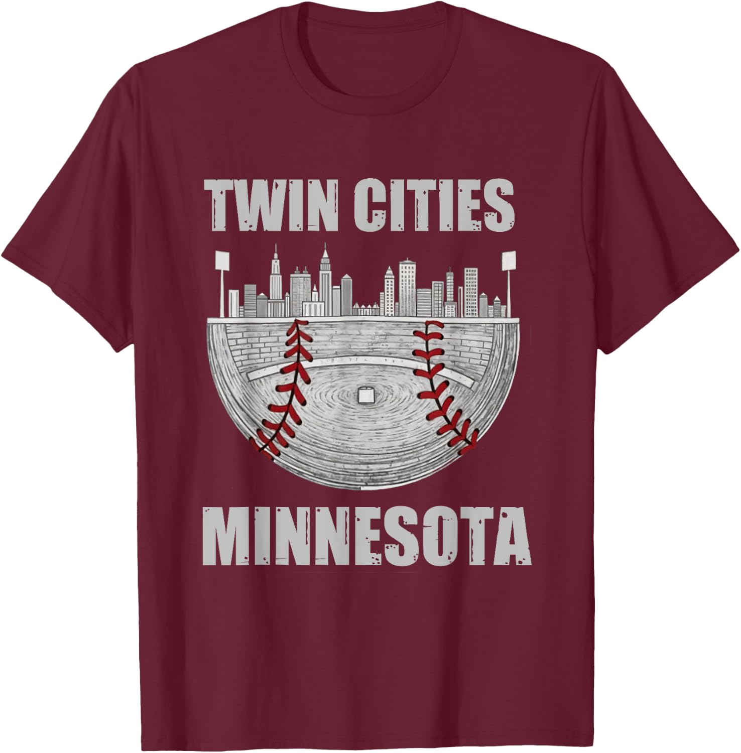 Cool Twin Cities Minnesota MN Baseball Skyline T-Shirt - T-Shirt | Maroon