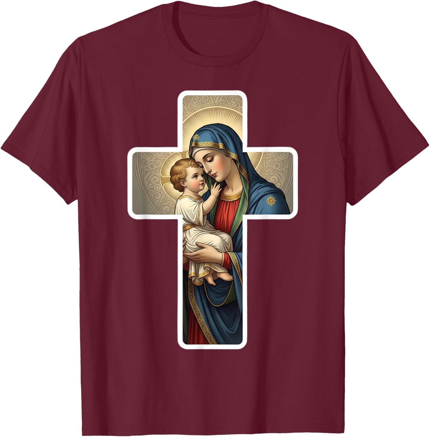 Saint Mary with Baby Jesus Christ Santa Maria Cross Icon T-Shirt - T-Shirt | Maroon