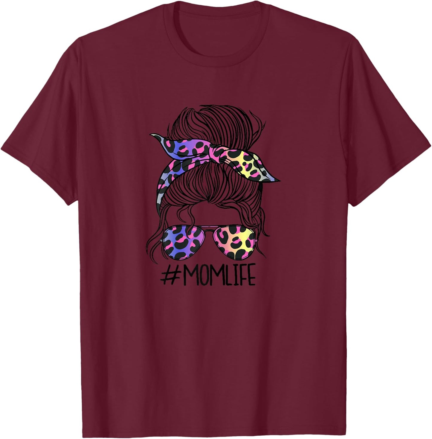 Women's #MOMLIFE Mom Life Leopard Print Rainbow , White, s T-Shirt - T-Shirt | Maroon