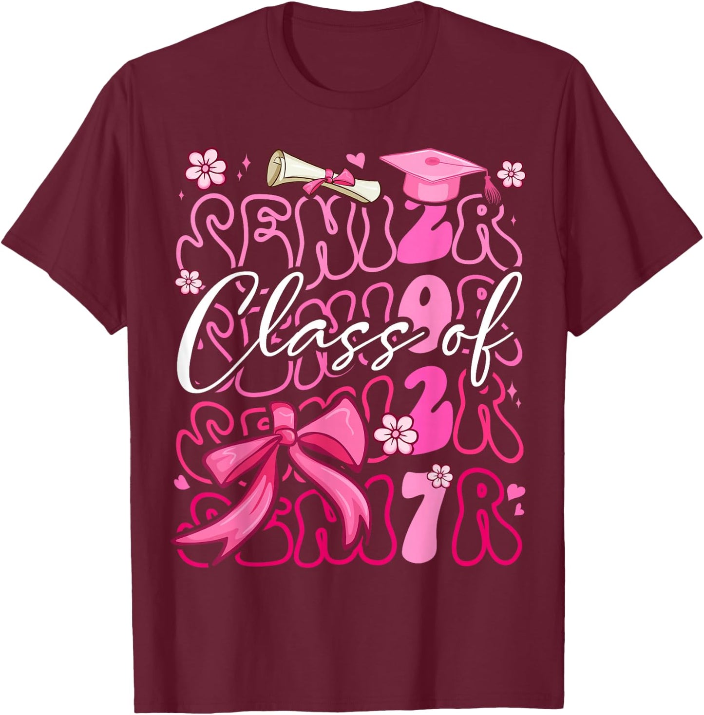 Class of 2027 Senior Cute Graduation Pink Bow 2027 Grad Girl T-Shirt - T-Shirt | Maroon