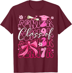 Class of 2027 Senior Cute Graduation Pink Bow 2027 Grad Girl T-Shirt - T-Shirt | Maroon