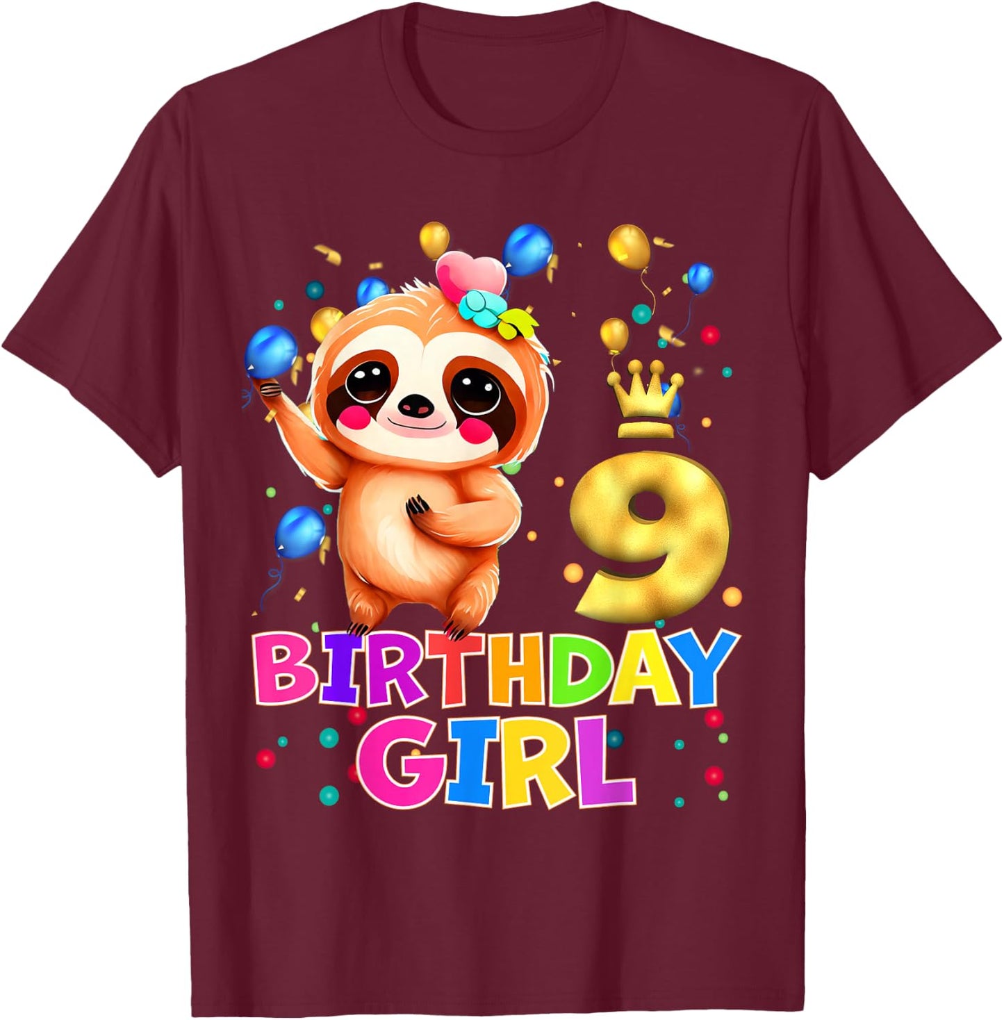 Sloth Kids 9 Year Old Sloth 9th Birthday Party T-Shirt - T-Shirt | Maroon