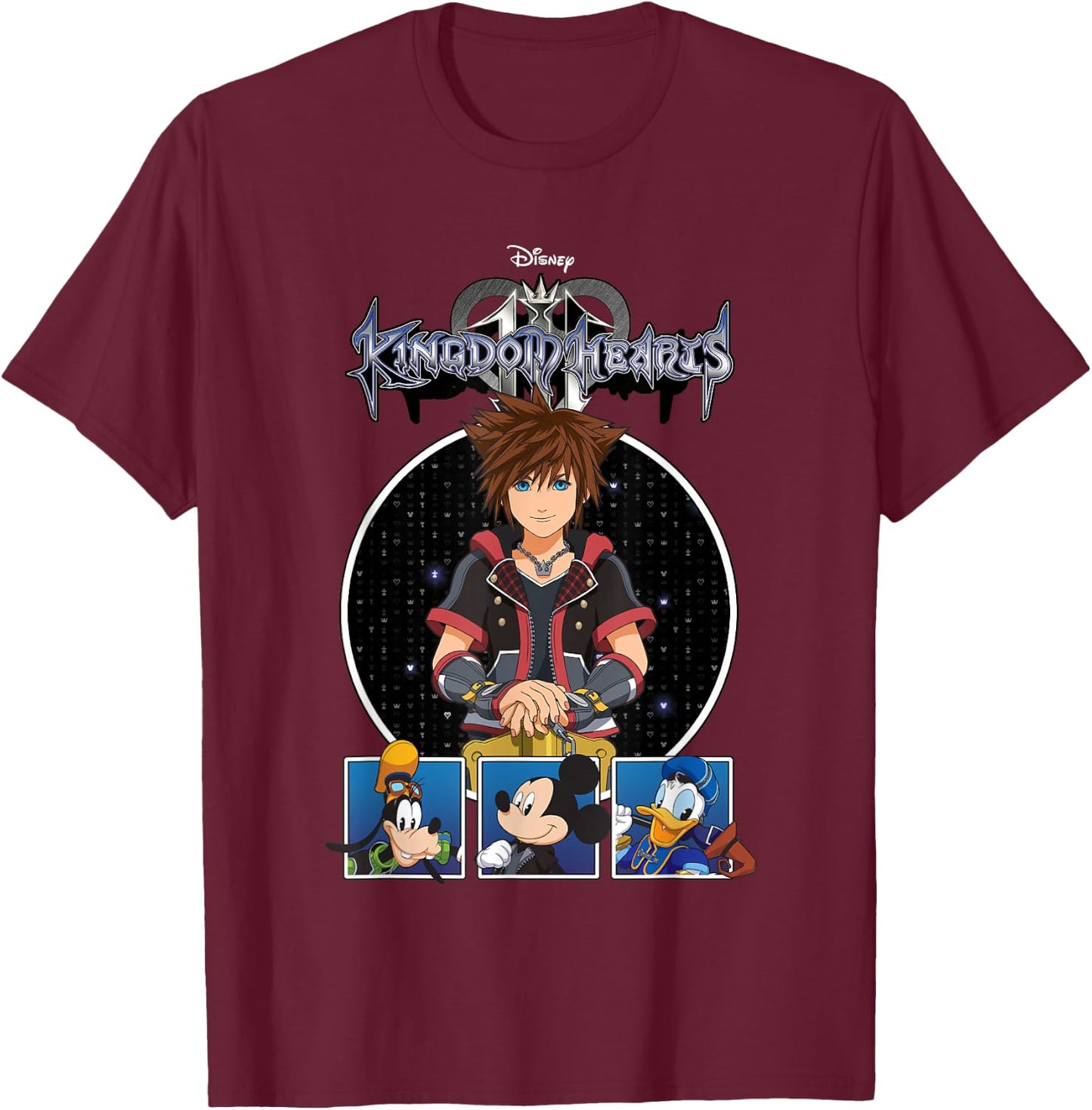 Disney Kingdom Hearts Sora Mickey Donald Goofy Panel Up Grid T-Shirt - T-Shirt | Maroon