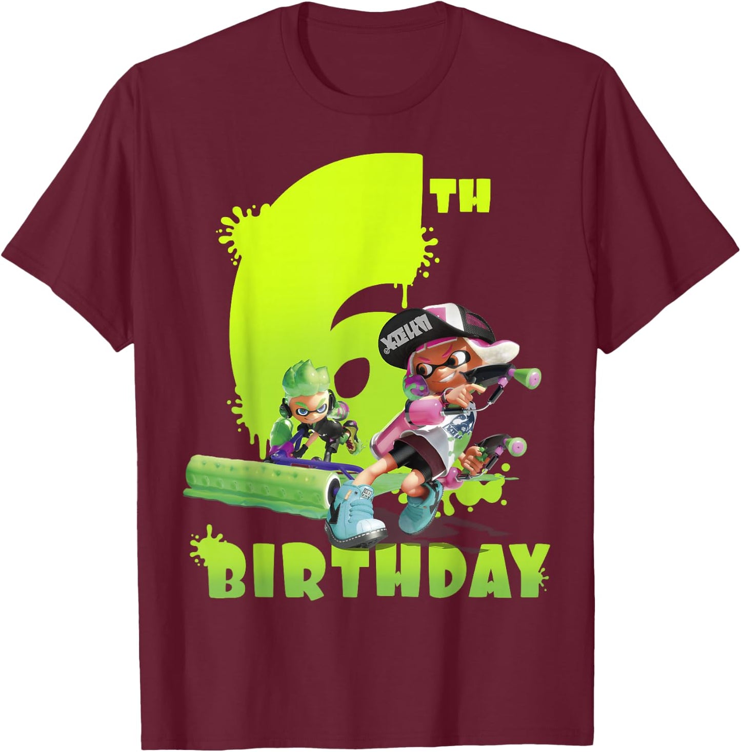 Splatoon Inkling 6th Birthday Green Splatter Portrait T-Shirt - T-Shirt | Maroon