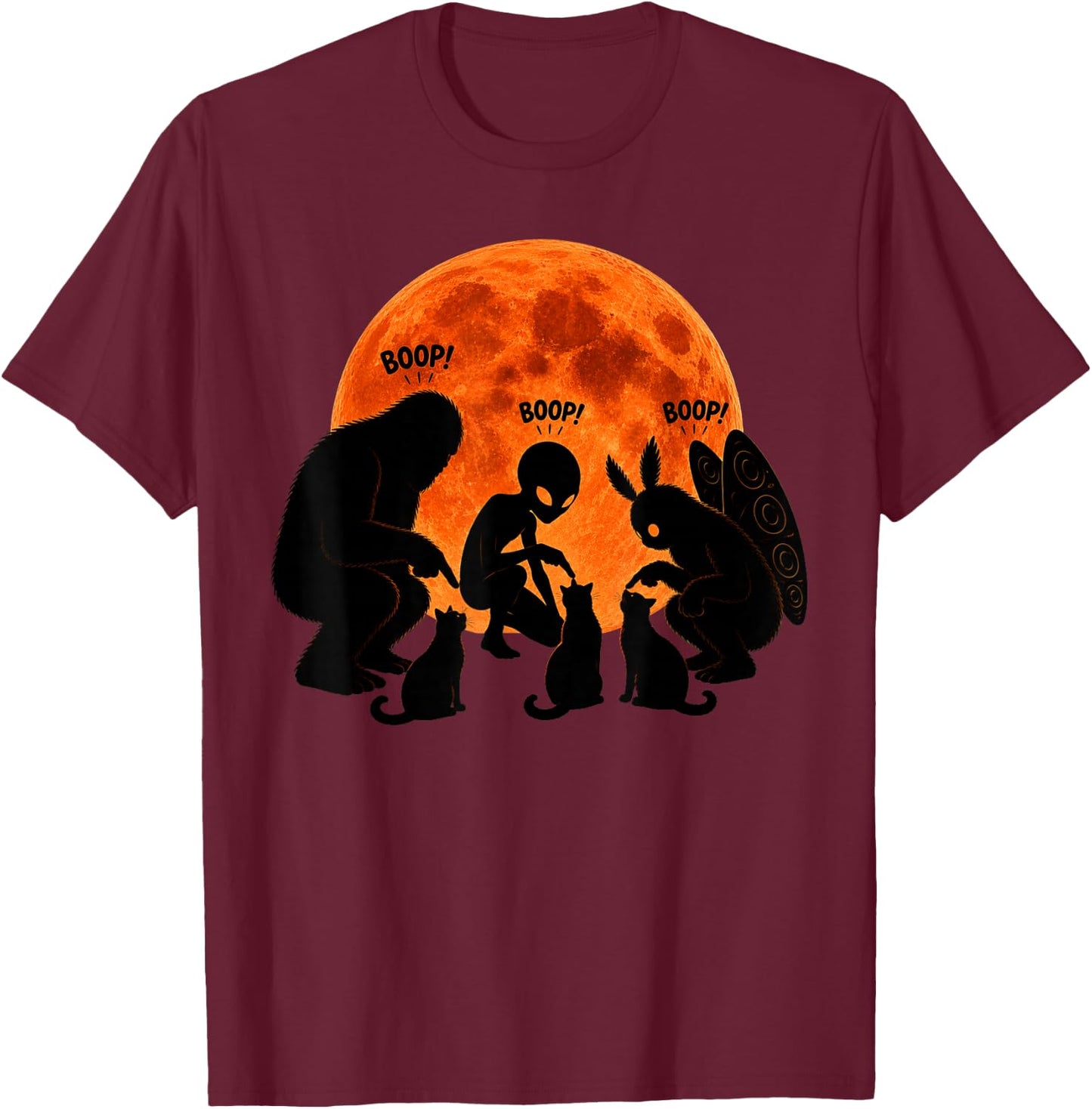Bigfoot Boop Cat Alien Mothman Cats Full Moon Funny Cryptid T-Shirt - T-Shirt | Maroon