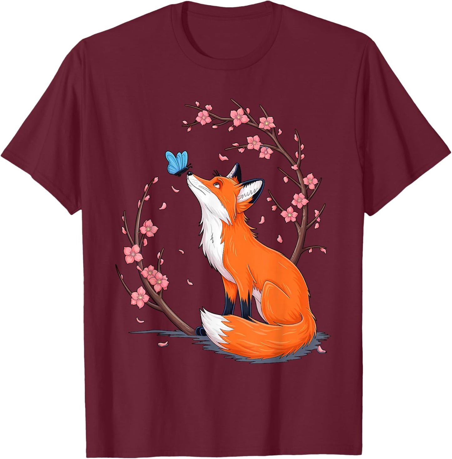 Fox Japanese Cherry Blossom Flower Vintage T-Shirt - T-Shirt | Maroon