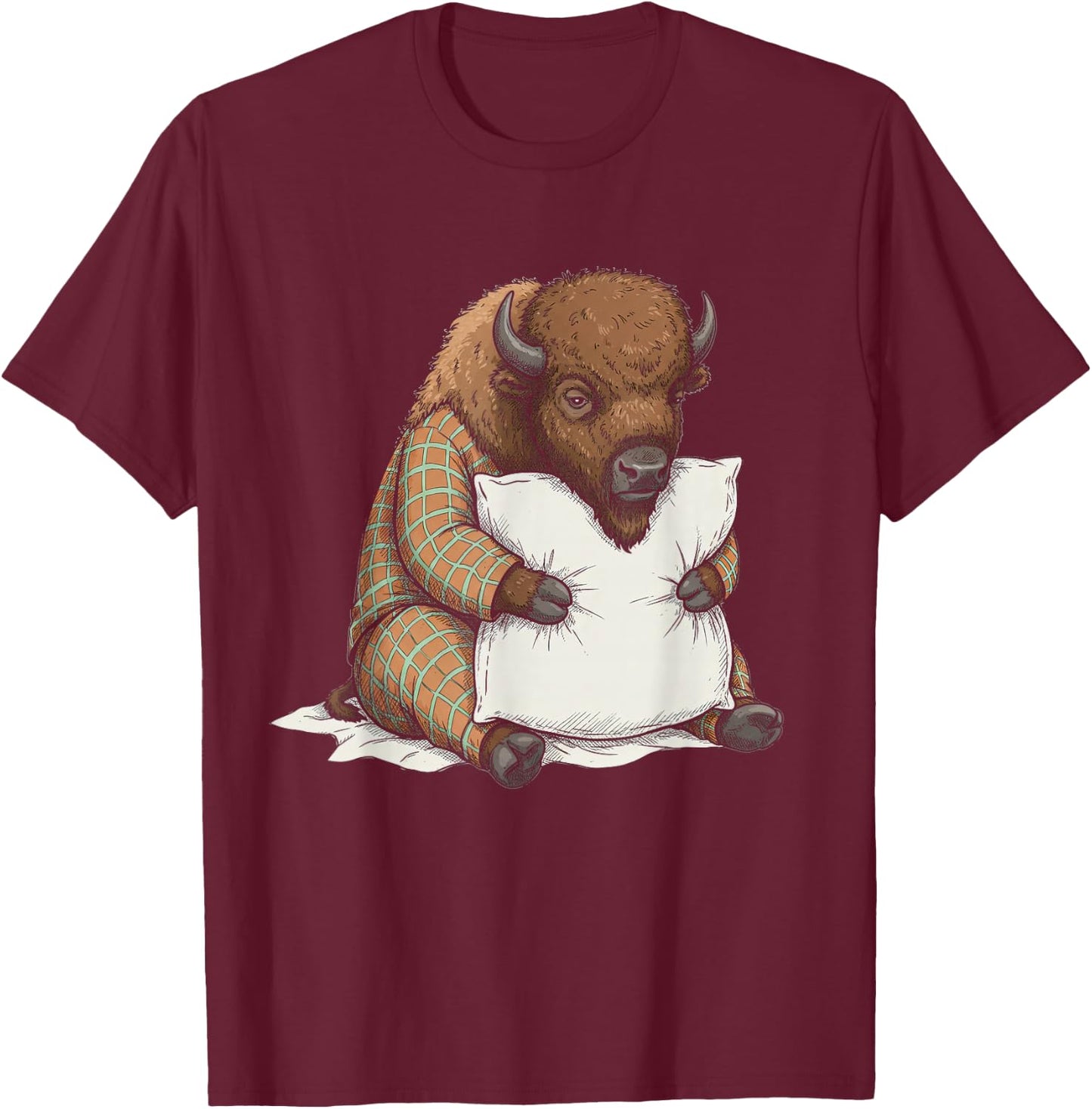 Funny Sleepy Bison Pajama Women Men Kids Boys And Girls T-Shirt - T-Shirt | Maroon