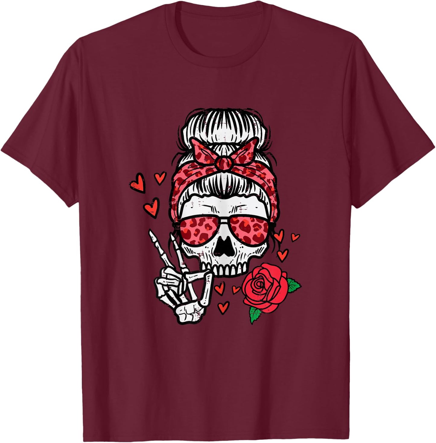 Valentines Skeleton Leopard Messy Bun Peace Funny Women T-Shirt - T-Shirt | Maroon