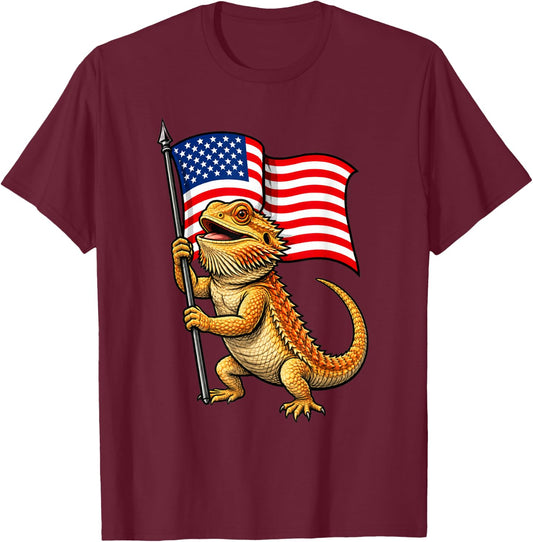 American Flag Bearded Dragon 4th of July T-Shirt - T-Shirt | Maroon