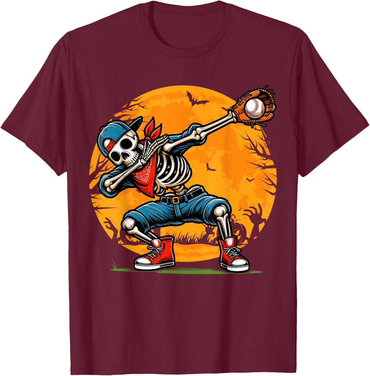 Dabbing Skeleton Baseball Halloween Spooky Baseball Player T-Shirt - T-Shirt | Maroon