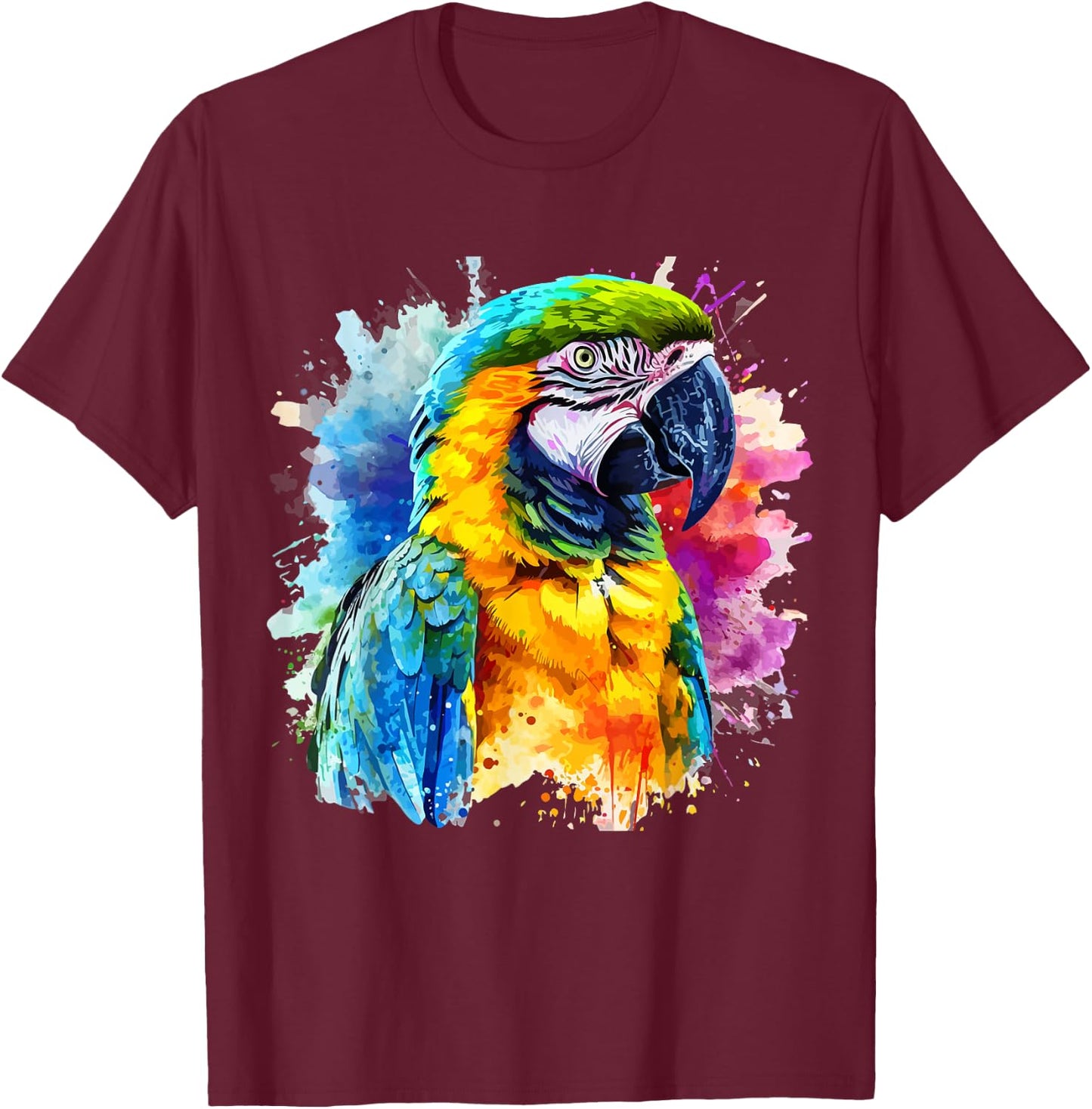 Colorful Parrot Watercolor T-Shirt - T-Shirt | Maroon