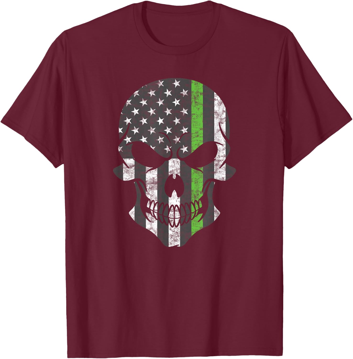 Green Thin Line USA Flag Skull Support Border Patrol Agents T-Shirt - T-Shirt | Maroon