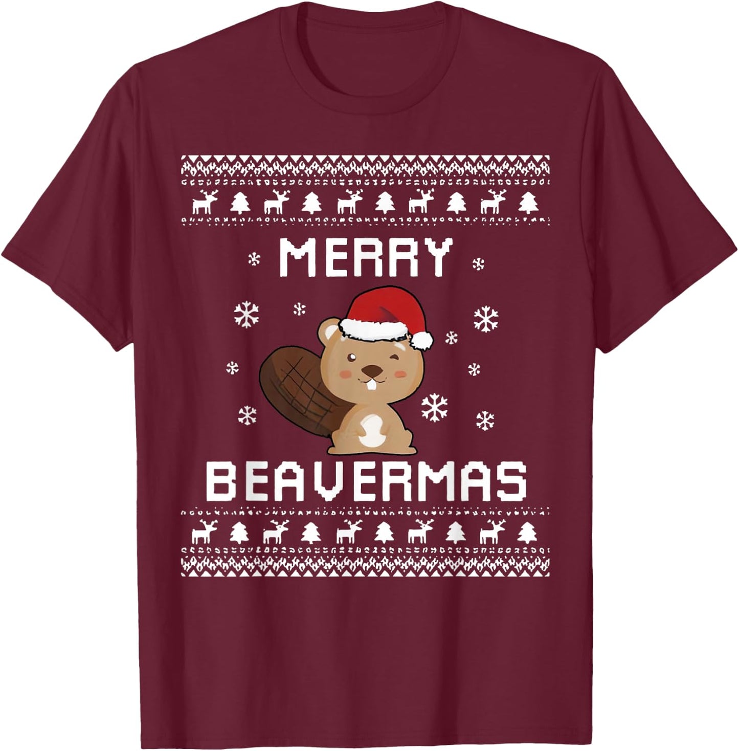 Merry Beavermas Beaver Ugly Christmas Holiday Winter Xmas T-Shirt - T-Shirt | Maroon