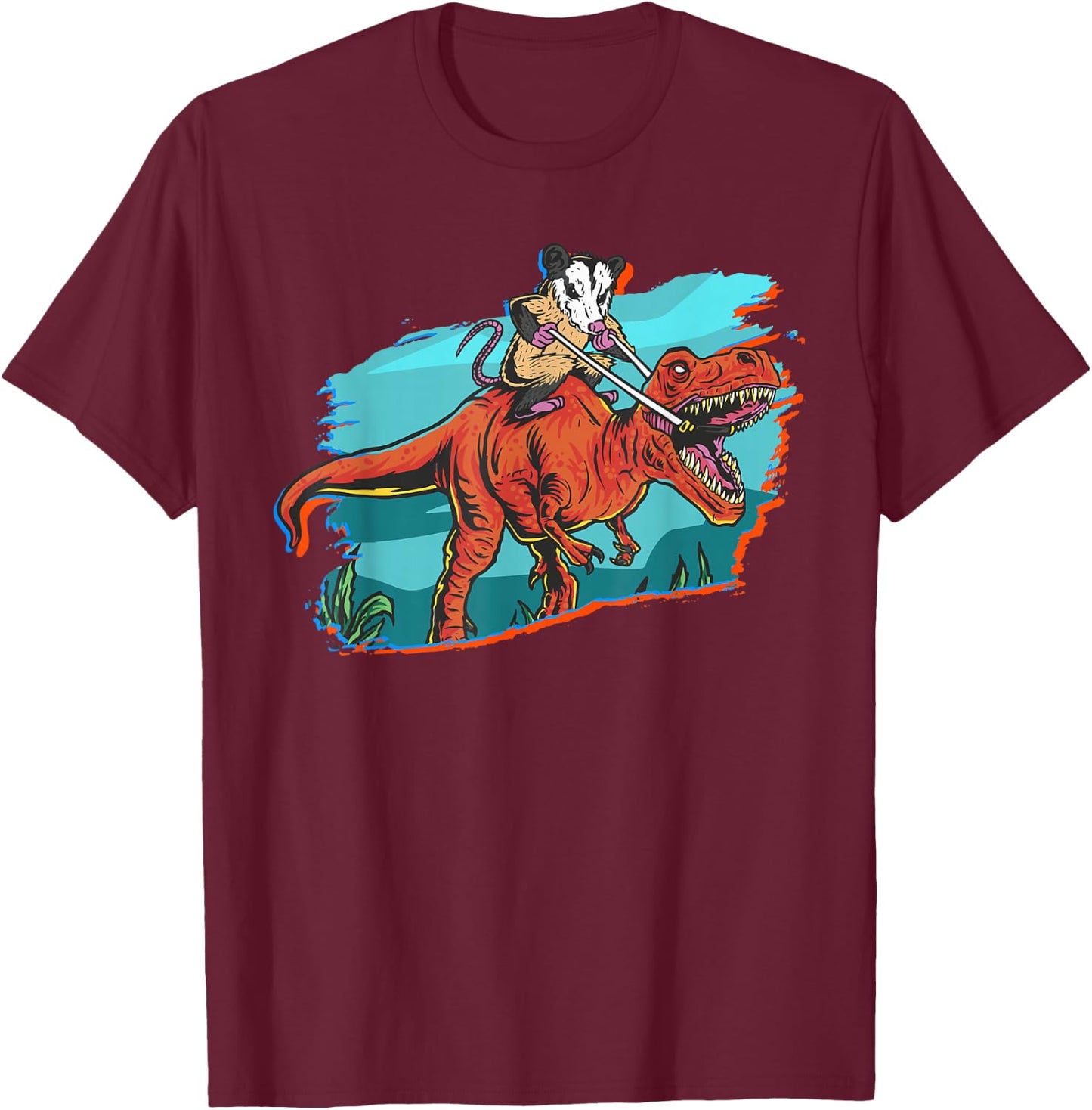Opossum Riding Dinosaur T-Shirt - T-Shirt | Maroon