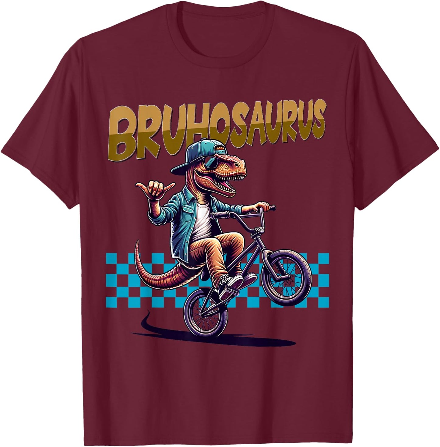 BRUHOSAURUS: T-Rex Dinosaur Riding BMX Bike - Boys Bruh T-Shirt - T-Shirt | Maroon