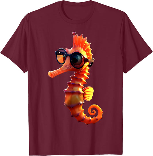 Seahorse with Sunglasses Aquarist Ocean Cute Seahorse , black T-Shirt - T-Shirt | Maroon